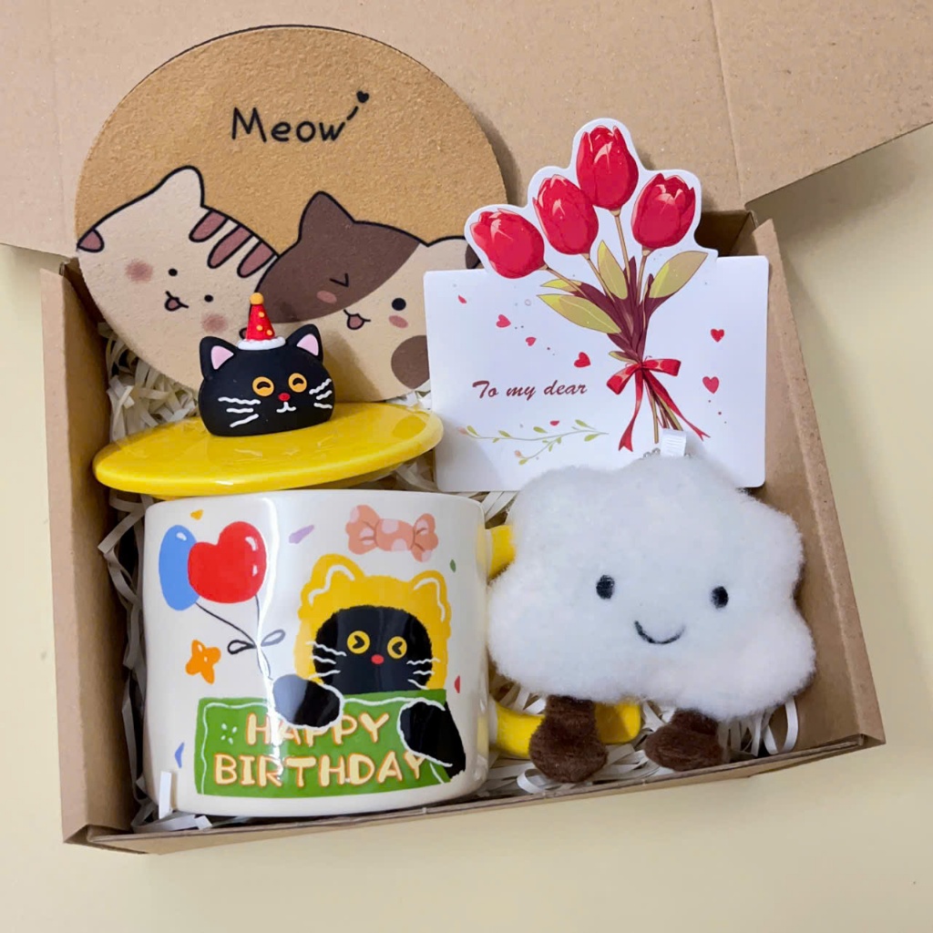 [Mới/Hỏa Tốc] Hộp quà tặng sinh nhật, bạn bè, người thân, set quà tặng cốc sứ mèo Happy siêu yêu