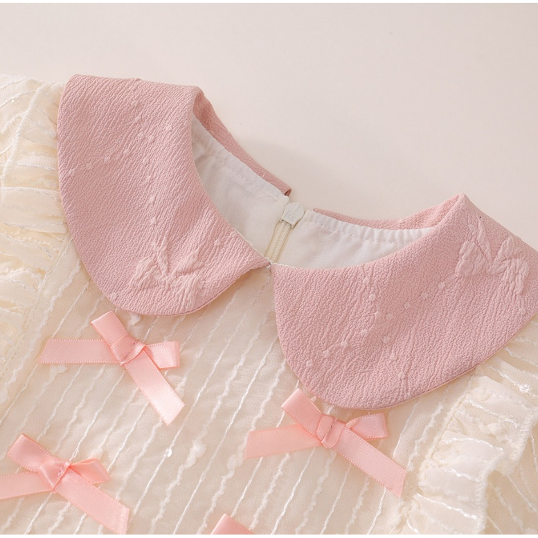 Váy Cho Bé Gái, Váy Tiểu Thư Hania Kids Cổ Tròn Đính Nơ Nhẹ NhàngCho Bé Chất Liệu Voan 2 Lớp Mềm Mại