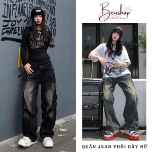 Quần Jean Đen Mang Mực Phối Dây Nữ WASH RETRO Quần Jean Nữ Phối Dây Suông Ống Rộng Form Đứng Dáng Dài
