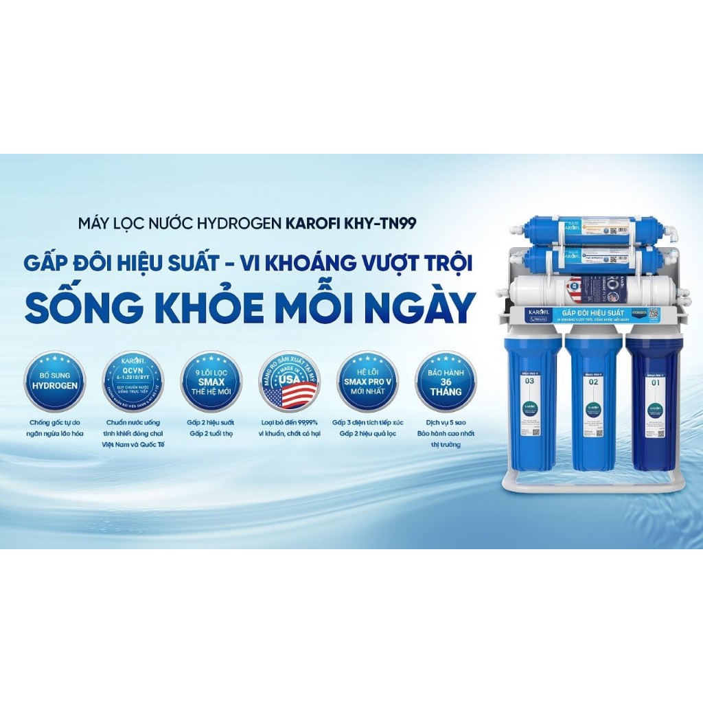 Máy Lọc Nước Karofi KHY-TN100 Gồm10 Lõi Lọc Mới Giúp Tăng Kiềm Bảo Hành 3 Năm - Hàng Chính Hãng Tặng kèm Bút Thử Nước