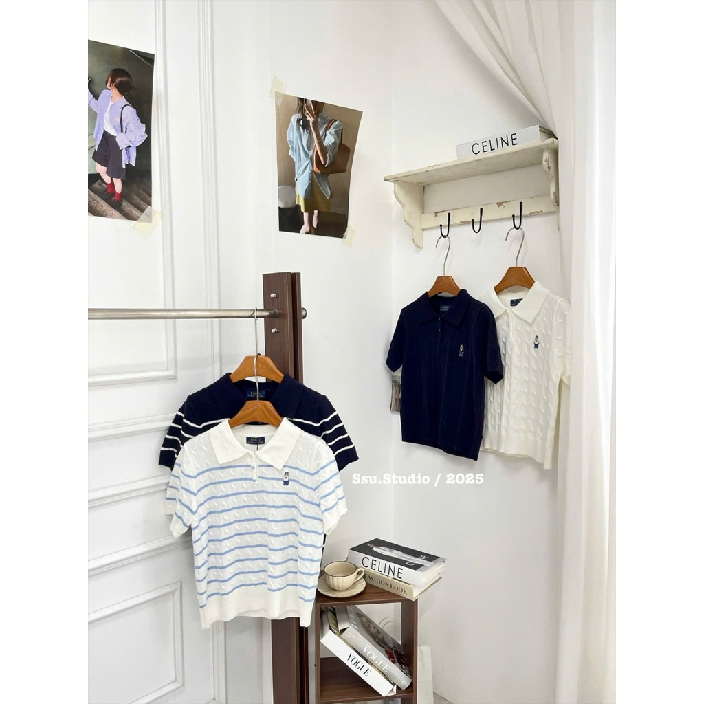 Ssu.Studio// Hàng quảng châu l1 full tag Áo len cộc tay thêu gấu polo xiu hot