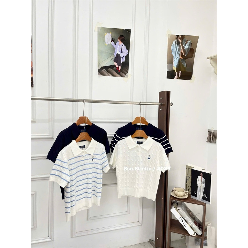 Ssu.Studio// Hàng quảng châu l1 full tag Áo len cộc tay thêu gấu polo xiu hot
