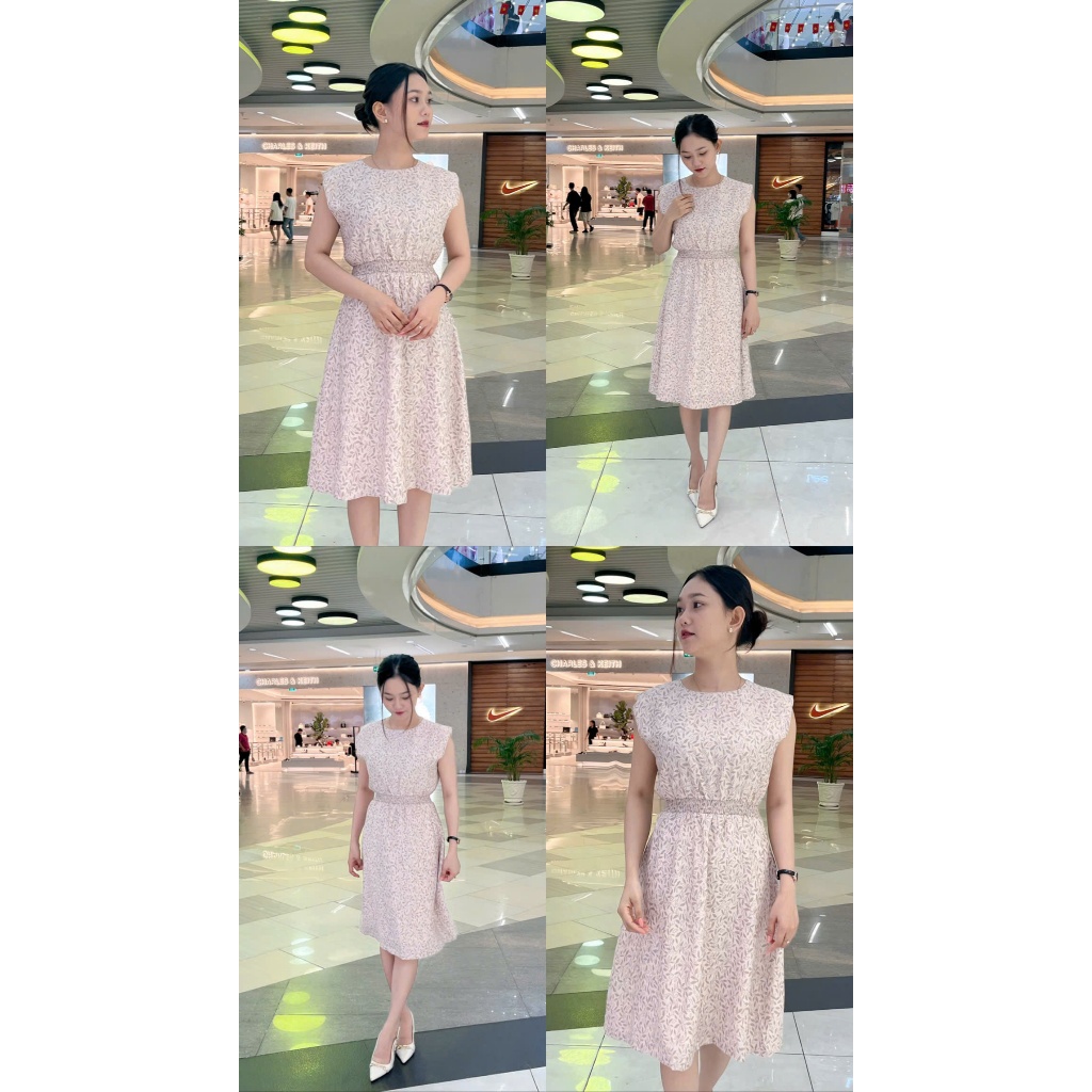 (Mới) LUMI - Đầm nữ công sở cổ tròn sát nách chun eo, dáng xòe nhẹ, chất vải tơ nến mềm không nhăn