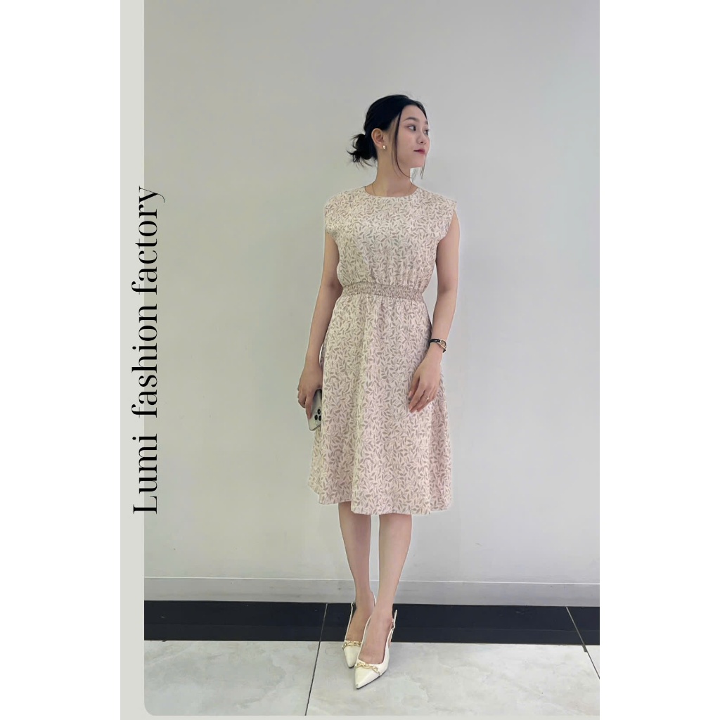 (Mới) LUMI - Đầm nữ công sở cổ tròn sát nách chun eo, dáng xòe nhẹ, chất vải tơ nến mềm không nhăn