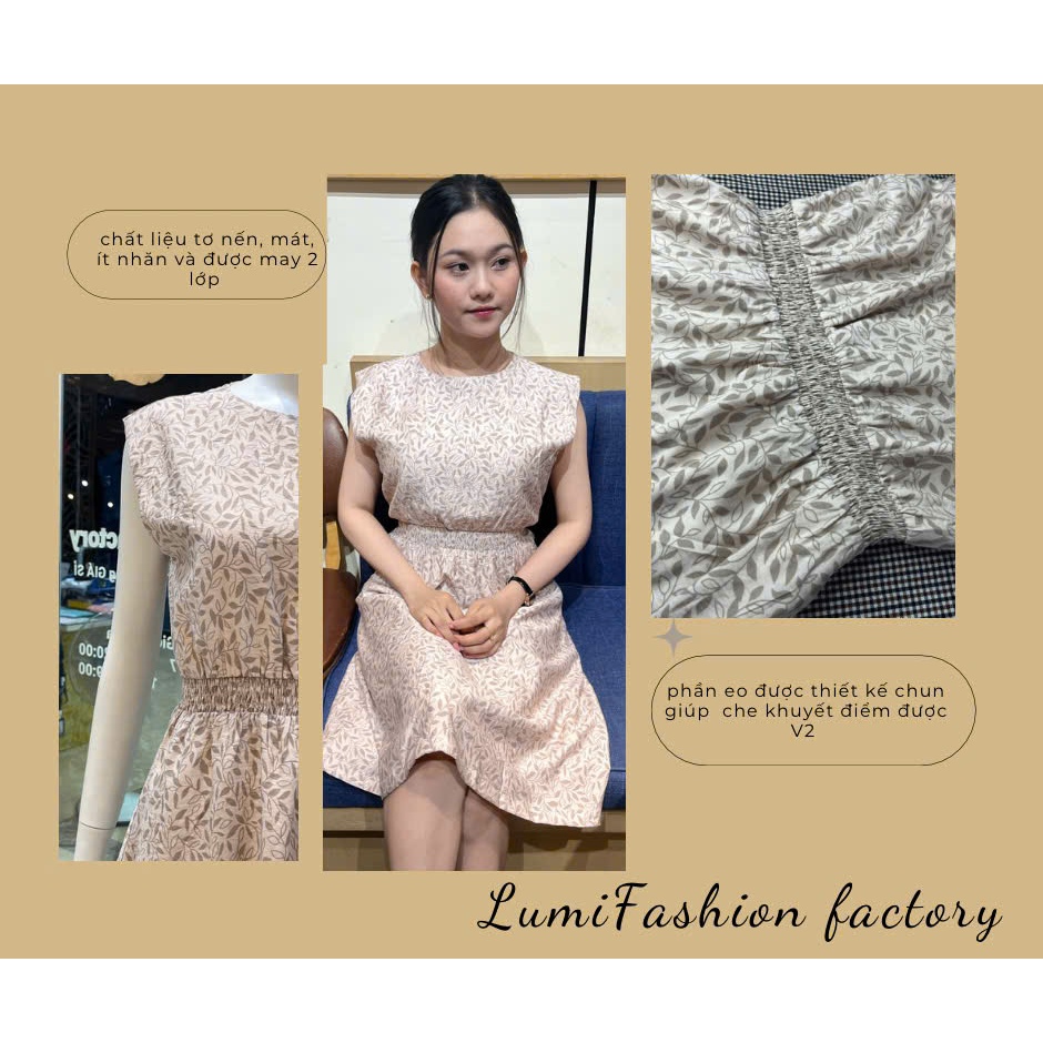 (Mới) LUMI - Đầm nữ công sở cổ tròn sát nách chun eo, dáng xòe nhẹ, chất vải tơ nến mềm không nhăn