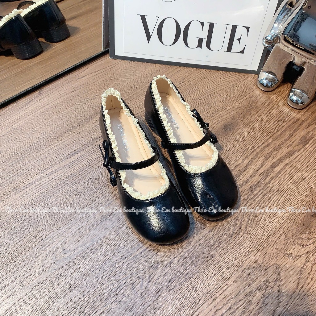 [Thảo Em - BB38] Giày búp bê đế 3cm mũi tròn phối viền full ren nơ đính nơ cạnh tiểu thư [Có Sẵn]
