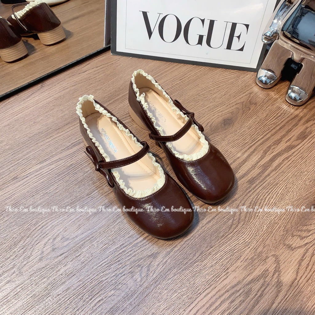 [Thảo Em - BB38] Giày búp bê đế 3cm mũi tròn phối viền full ren nơ đính nơ cạnh tiểu thư [Có Sẵn]