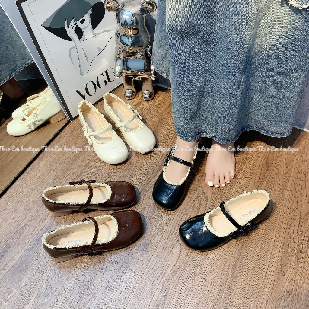 [Thảo Em - BB38] Giày búp bê đế 3cm mũi tròn phối viền full ren nơ đính nơ cạnh tiểu thư [Có Sẵn]