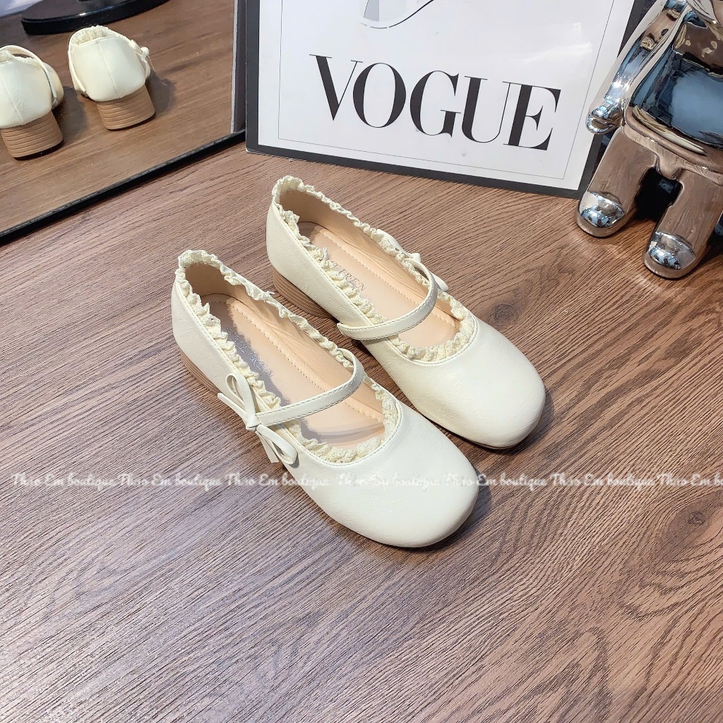 [Thảo Em - BB38] Giày búp bê đế 3cm mũi tròn phối viền full ren nơ đính nơ cạnh tiểu thư [Có Sẵn]