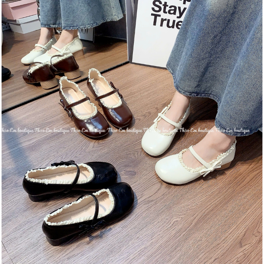 [Thảo Em - BB38] Giày búp bê đế 3cm mũi tròn phối viền full ren nơ đính nơ cạnh tiểu thư [Có Sẵn]