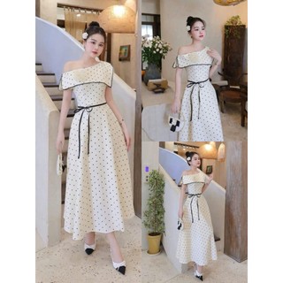 Đầm thời trang nữ chất Mango trễ vai 1 bên in chấm bi cực sang kèm phụ kiện hoa gài nổi bật váy maxi dáng xoè