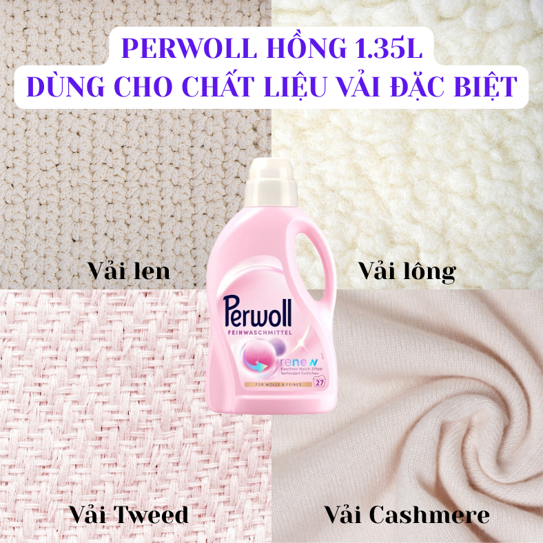 Nước Giặt Perwoll Đức 1.35 Lít Khôi Phục Và Giữ Màu Quần Áo, Hạn Chế Nhăn, Bảo Vệ Sợi Len Lụa