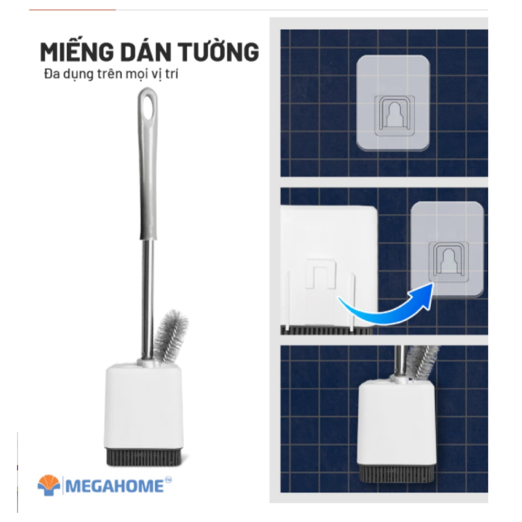 [HỎA TỐC] Cây Cọ Cước Chà Toilet, Cọ Chà Bồn Cầu Đầu Tròn Lông Cước Dầy Dặn Cán Inox MEGAHOME Hộp Đựng Kiểu Dán Tường