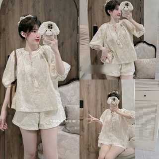 Set bộ thời trang nữ chất Thô Ren tay ngắn cổ tròn áo rộng che dáng thêu hoa xinh xắn phối quần ngắn ống rộng