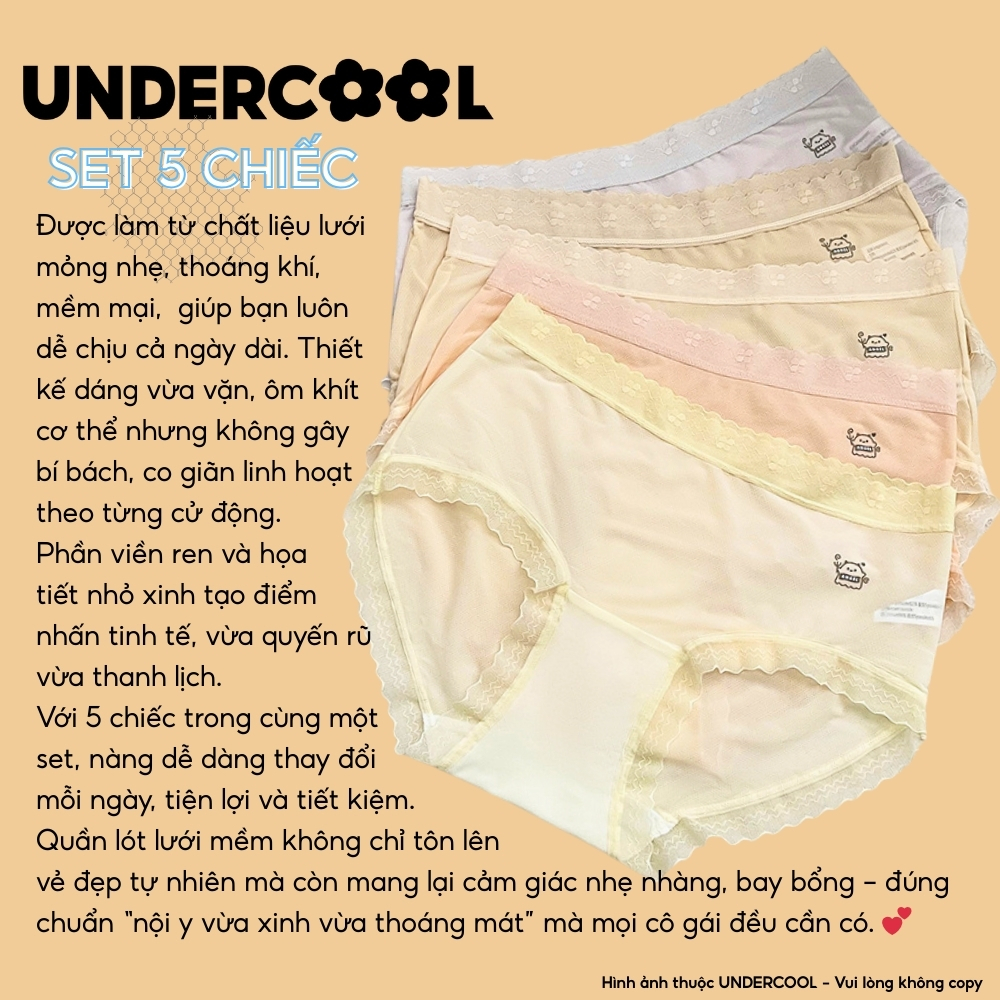 Combo 5 Quần Lót Nữ Lưới Phối Ren Mềm Mịn Thoáng Khí UNDERCOOL, Co Giãn Tốt, Tàng Hình Không Lộ Viền, Nhiều Màu CB- QL72