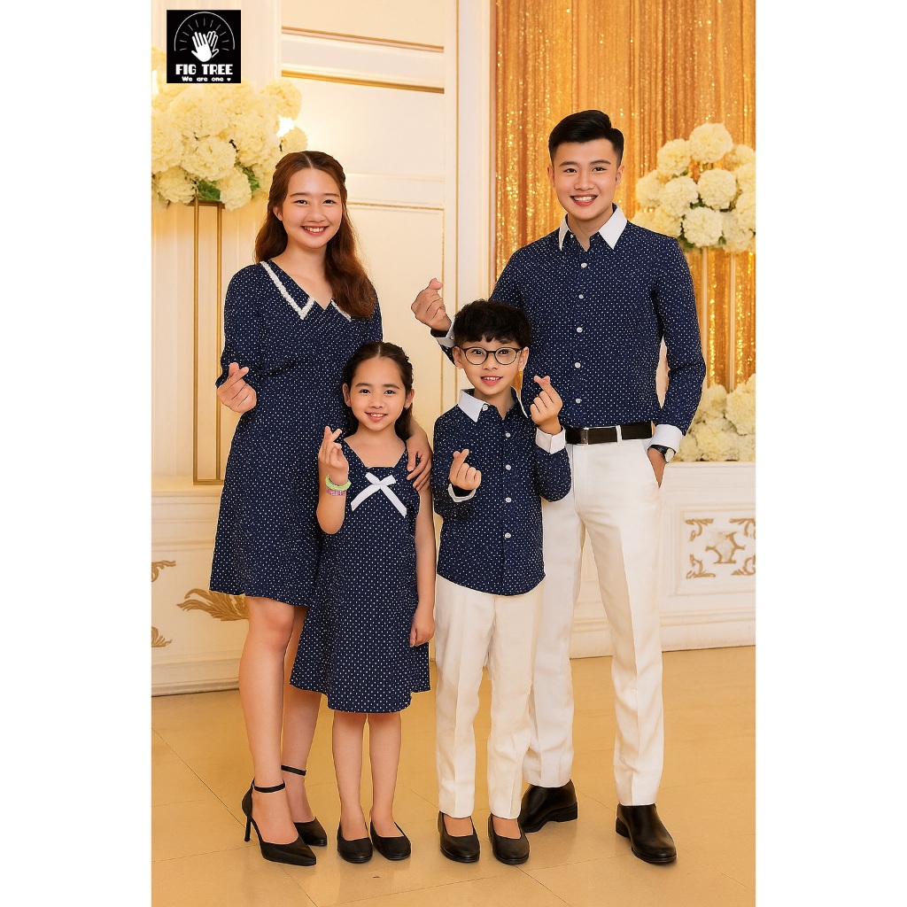 Đồng Phục Gia Đình Fig Tree Chấm Bi Xanh Phối Trắng Đi Tiệc, Đi Chơi, Chụp hình,Hàng Thiết Kế,MS 162