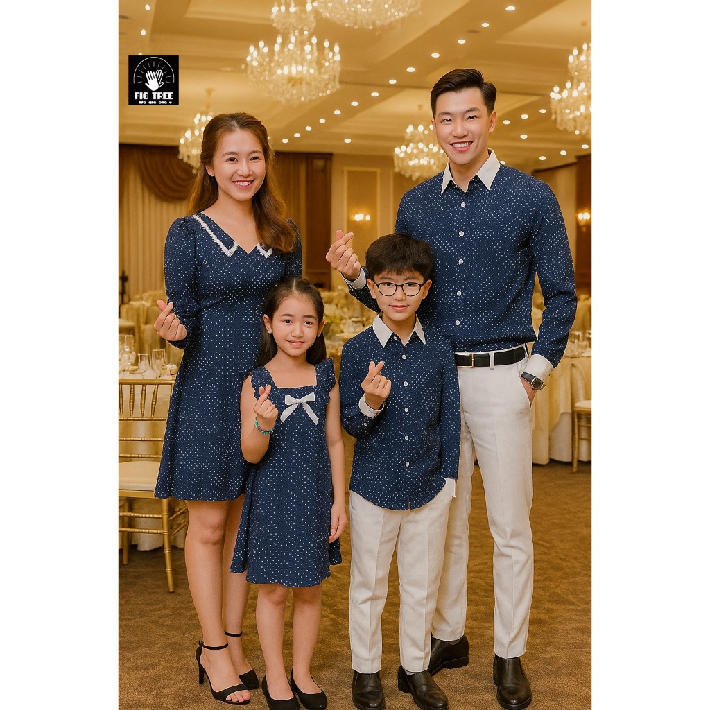 Đồng Phục Gia Đình Fig Tree Chấm Bi Xanh Phối Trắng Đi Tiệc, Đi Chơi, Chụp hình,Hàng Thiết Kế,MS 162