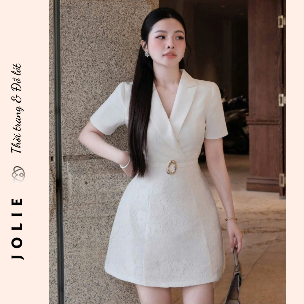 Váy Đầm Nữ Dáng Blazer Cổ V Tay Ngắn Thắt Eo Sang Trọng