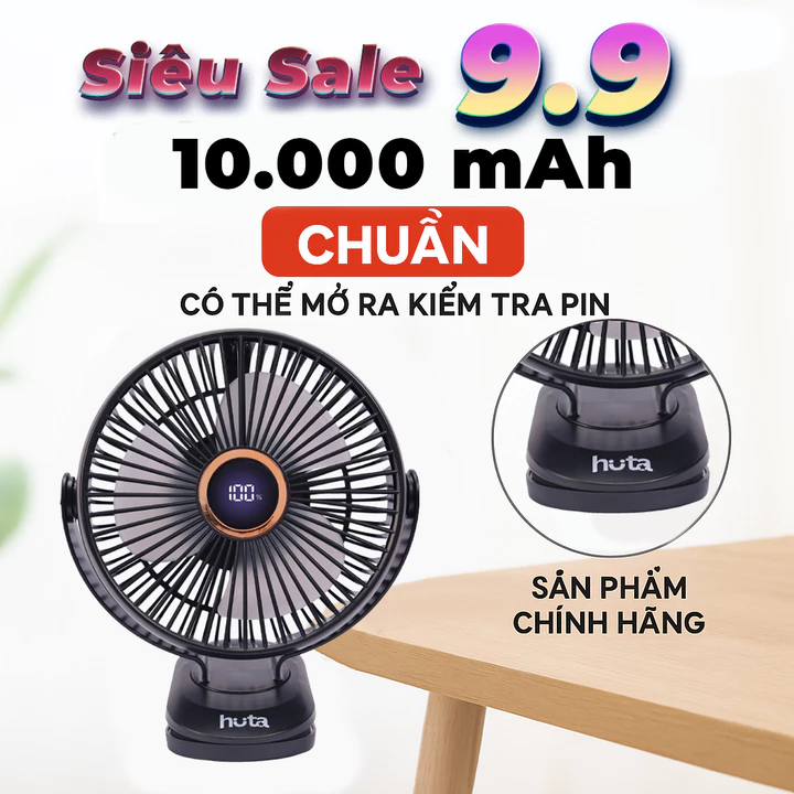 Quạt Tích Điện Kẹp Loại To HUTA Q22 .Quạt Tích Điện Pin Khoẻ, Đèn RGB, Màn hình LED, Lồng Quạt 22cm