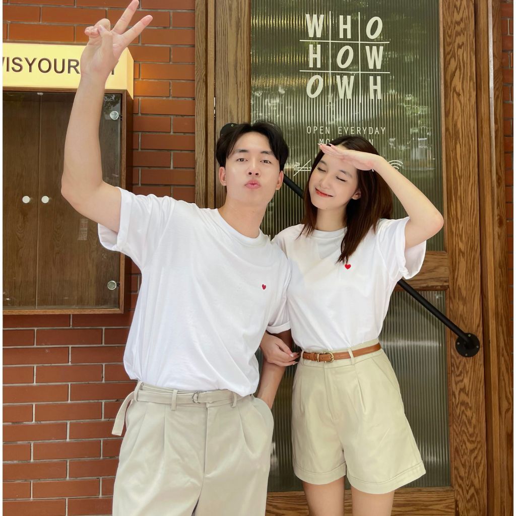 Áo phông thêu tim nam nữ form rộng tay lỡ unisex vải Premium cotton - áo thun mặc đôi couple, bạn thân cực xinh