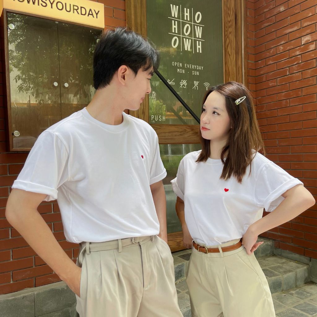Áo phông thêu tim nam nữ form rộng tay lỡ unisex vải Premium cotton - áo thun mặc đôi couple, bạn thân cực xinh