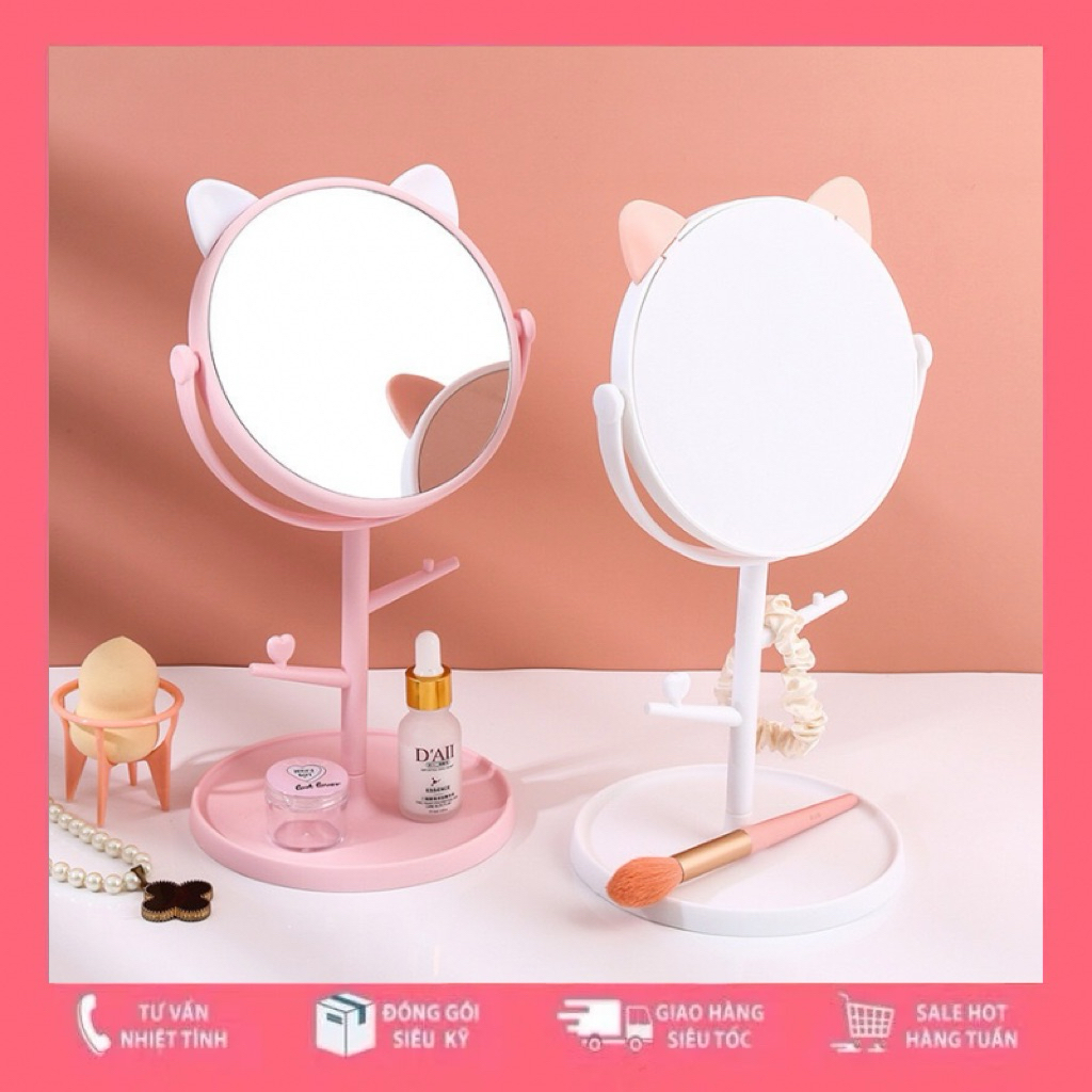 Gương Trang Điểm Để Bàn Tai Mèo Dễ Thương Cute Xoay 360 Độ Có Khung ...
