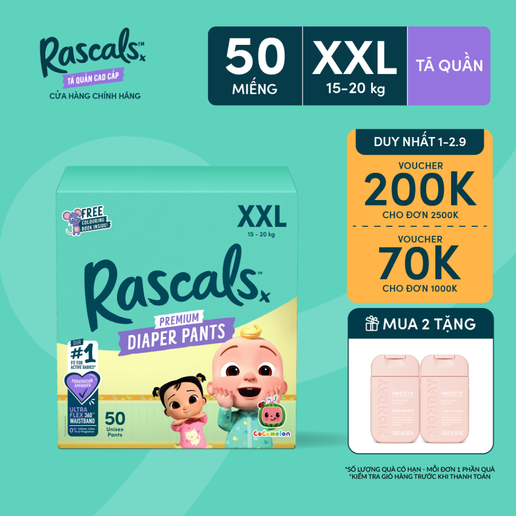 Tã/Bỉm Quần Rascals Cocomelon Size XXL (15-20kg) 50 miếng - Kèm Sách tô ...