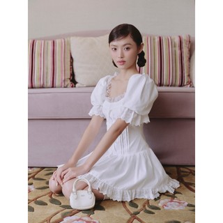 Đầm OLV tay bồng phối ren nơ White Linen Puff Sleeves Lace Trim Mini Dress tiểu thư dịu dàng