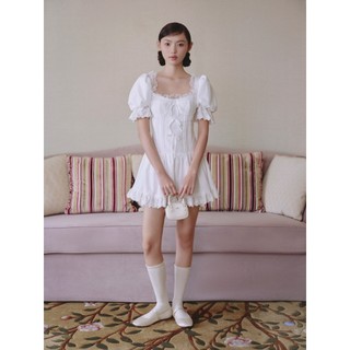 Đầm OLV tay bồng phối ren nơ White Linen Puff Sleeves Lace Trim Mini Dress tiểu thư dịu dàng