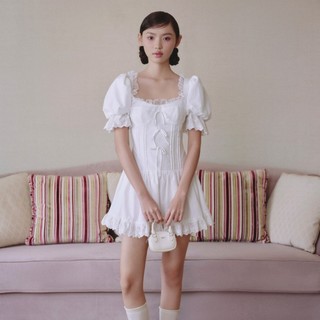 Đầm OLV tay bồng phối ren nơ White Linen Puff Sleeves Lace Trim Mini Dress tiểu thư dịu dàng