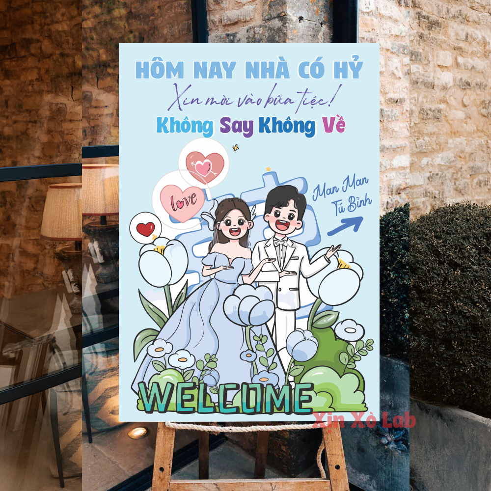 Bảng Welcome Đám Cưới Chibi Cô Dâu Chú Rể In Tên Theo Yêu Cầu Vui Nhộn Dễ Thương Cao Cấp
