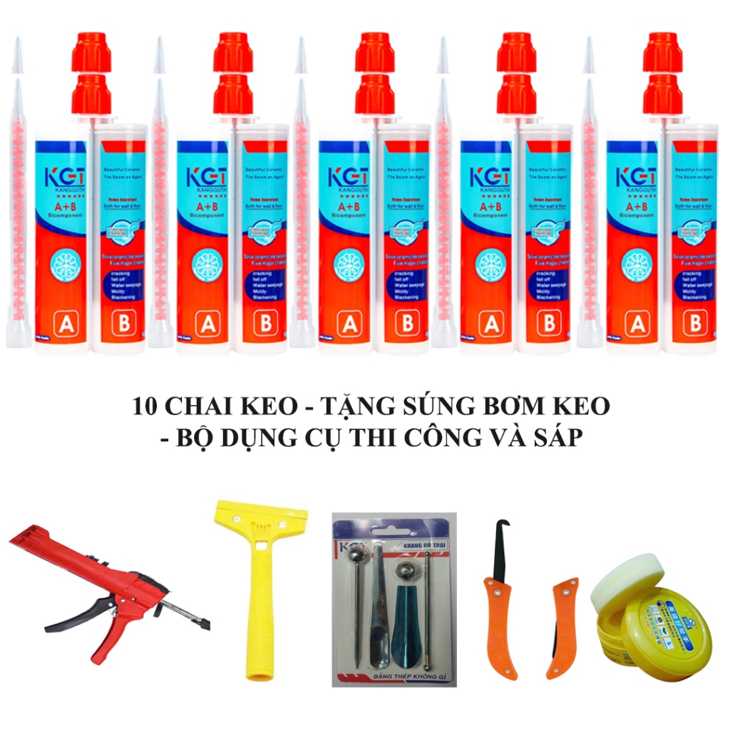 [Chính hãng KGT] COMBO 10 CHAI KEO - TẶNG SÚNG BƠM KEO LOẠI TỐT, BỘ DỤNG CỤ và SÁP CHỐNG DÍNH