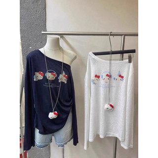 ÁO THUN GIẤY LỆCH VAI KITTY DÀI TAY QC