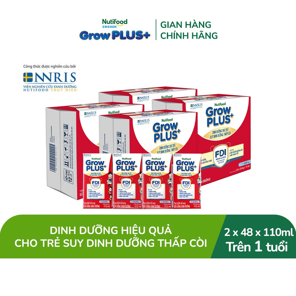 Combo 2 Thùng 48 SBPS Nutifood GrowPLUS+ Suy Dinh Dưỡng Ít đường 110ml - Tăng Cân, Tăng Chiều Cao (Bao bì tùy lô hàng)