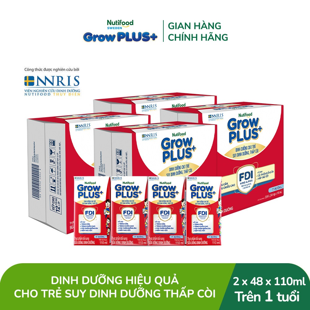 Combo 2 Thùng 48 SBPS Nutifood GrowPLUS+ Suy Dinh Dưỡng Ít đường 110ml - Tăng Cân, Tăng Chiều Cao (Bao bì tùy lô hàng)