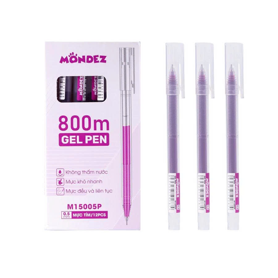 Hộp 12 Bút Gel MONDEZ Bút Mực Nước Ngòi 0.5mm, Viết Trơn Nét Đẹp, Bút Nước 4 Màu Mực Xanh Đen Tím Đỏ Cho Học Sinh M15005