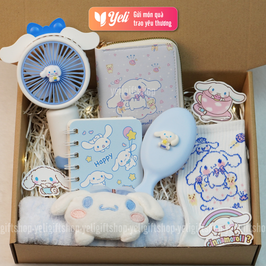 Set Cinnamoroll phụ kiện tặng sinh nhật, Hộp Quà Tặng Cinnamoroll Tone Xanh Trắng Xinh Xắn Đáng Yêu Yeli Shop