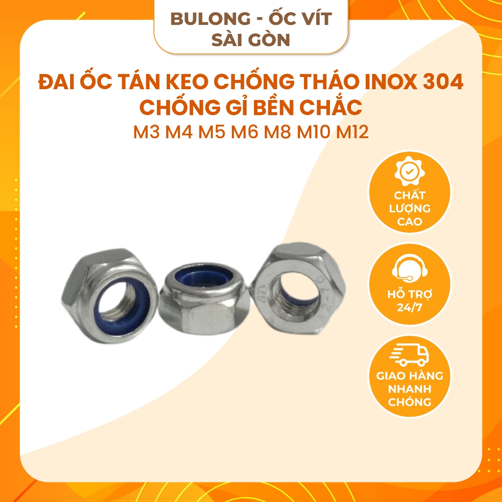 [Set 4-10con] Đai ốc tán keo chống tháo Inox 304 M3 M4 M5 M6 M8 M10 M12 ...