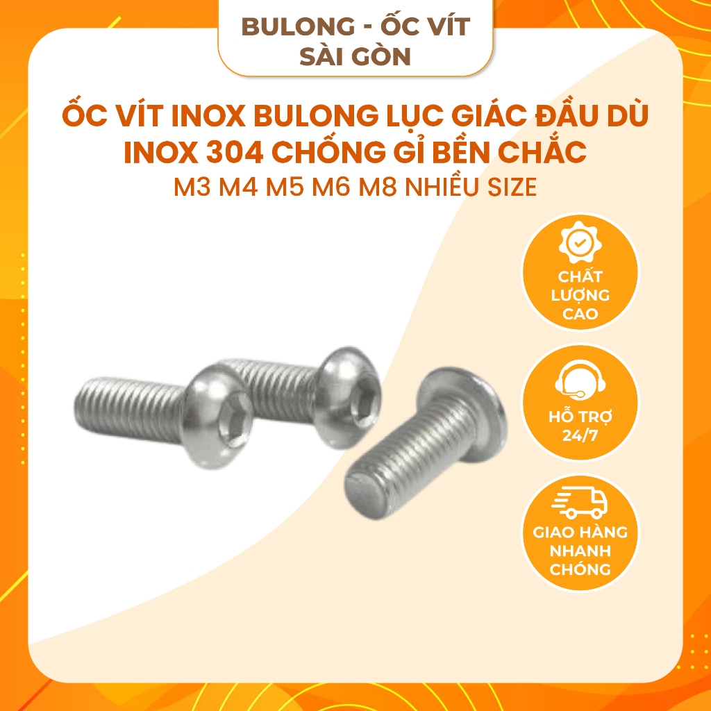 [Set 5-20con]Ốc vít Inox Bulong lục giác đầu dù Inox 304 M3 M4 M5 M6 M8 ...