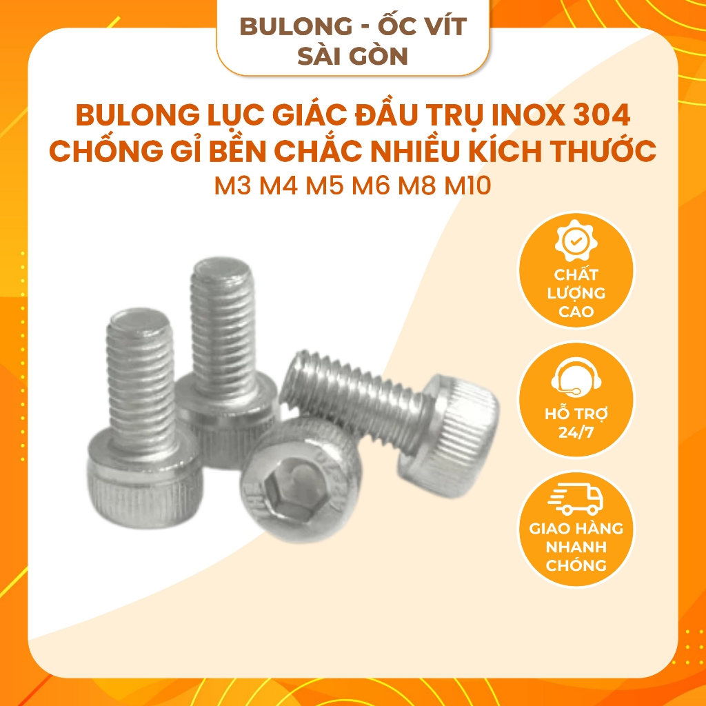 [Set 1–20con] Bulong lục giác đầu trụ inox 304 kích thước M3 M4 M5 M6 ...