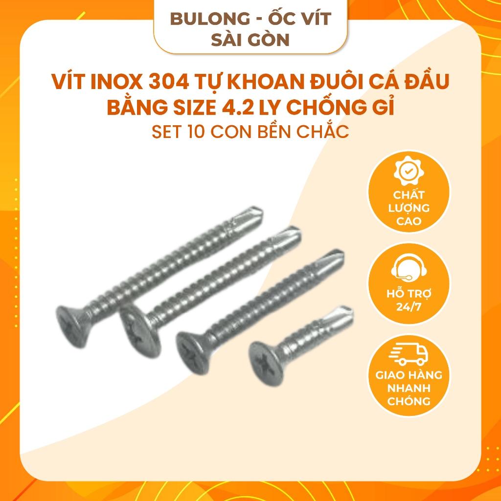 [Set 10 con] Vít inox 304 tự khoan đuôi cá đầu bằng size 4.2 ly chống ...