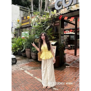 Áo kiểu đang dây thắt nơ ngực dáng bí chun lưng chất đũi mềm