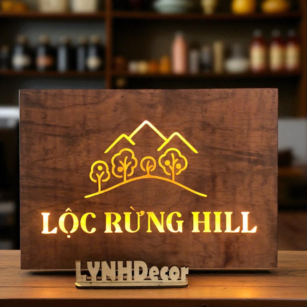 Bảng hiệu gỗ plywood đèn led cắt laser. LynhDecor miễn phí thiết kế nội dung theo yêu cầu