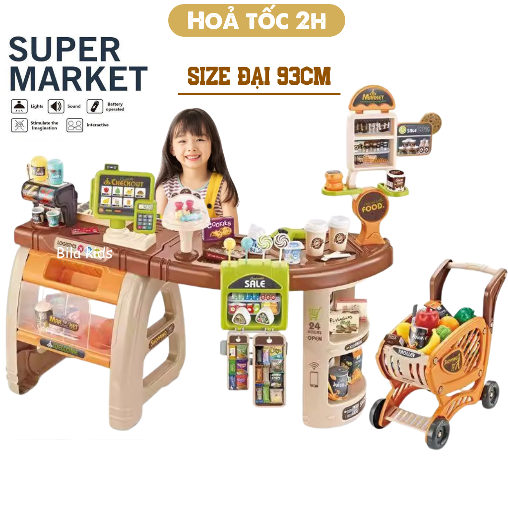 Đồ Chơi Siêu Thị Mini Cho Bé Gái Kích Thước Lớn Có Quầy Thu Ngân, Máy Quét Mã Vạch, Tủ Lạnh Khói, Máy Pha Cafe,