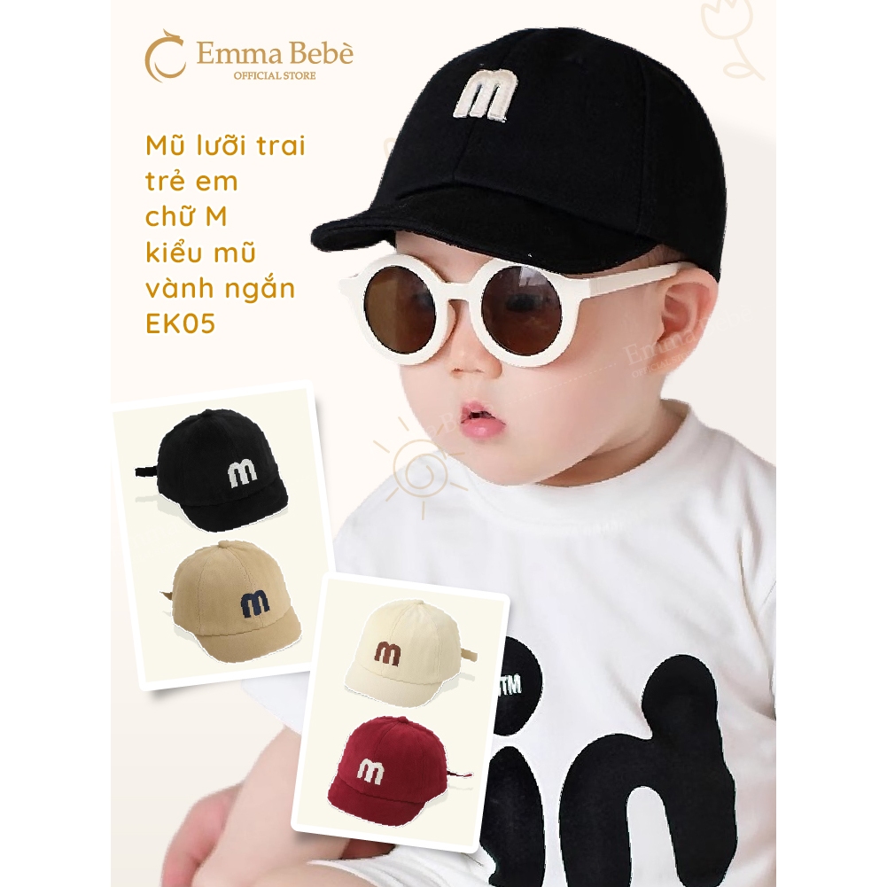 [VÒNG ĐẦU 42CM ] Mũ cho bé 6 tháng – 2 tuổi EK05 Jussy Official Mũ lưỡi trai vành ngắn thêu chữ M vải cotton mềm