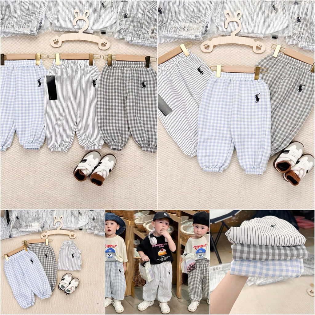 Set 3 Quần Dài Bé Trai Kẻ Chống Muỗi HH04 Chất Đũi/Thô Mềm Size 90-150 (7-27kg) – Quần Trẻ Em