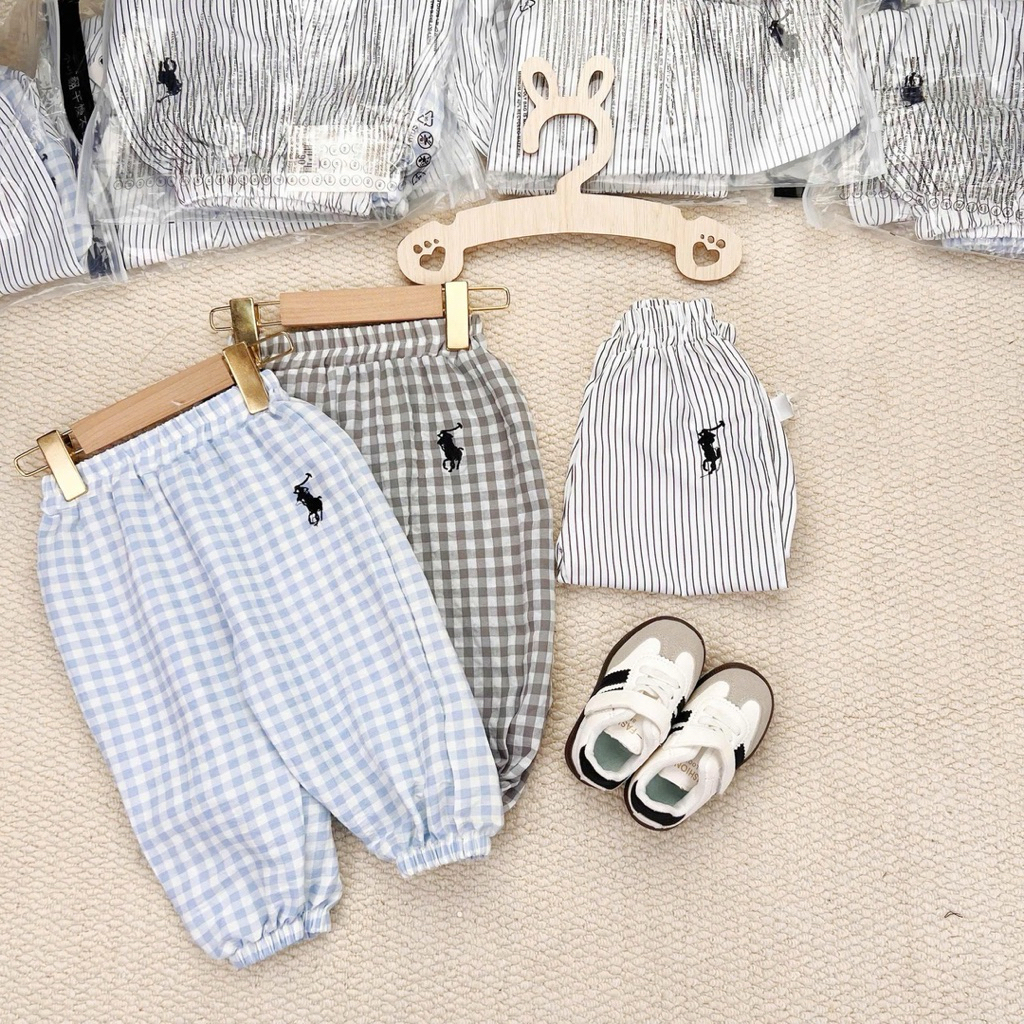 Set 3 Quần Dài Bé Trai Kẻ Chống Muỗi HH04 Chất Đũi/Thô Mềm Size 90-150 (7-27kg) – Quần Trẻ Em