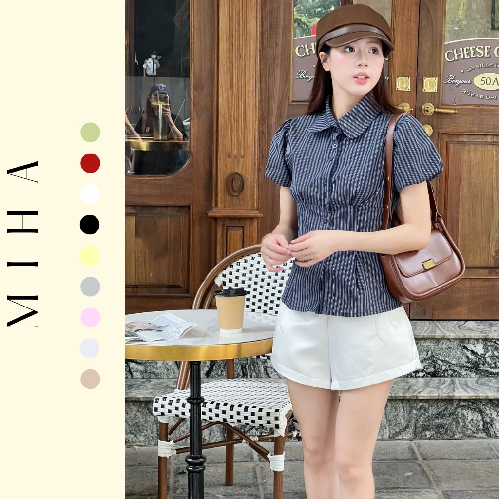 Áo kiểu babydoll kẻ chiết eo Miha Studio