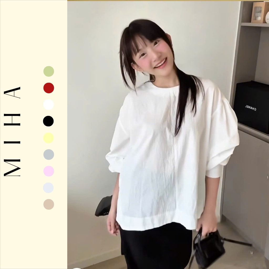 Áo sơ mi thô cổ tròn tay bồng dáng rộng Miha Studio