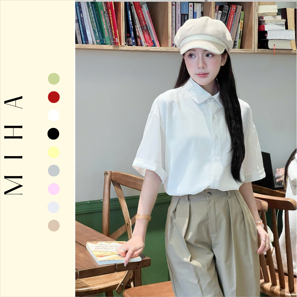 Áo Sơ Mi Lụa Cộc Tay, Áo Sơmi Nữ Kiểu Cổ Sen Điệu, Áo Somi Ngắn Tay Form Dáng Rộng Mùa Hè Thoáng Mát Miha Studio